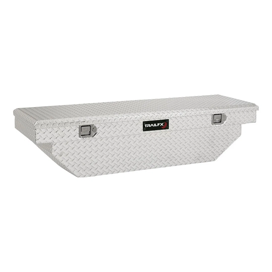 110601 – TRAILFX Tool Box, Crossover Angled Single Lid With Struts Diamond Tread Bright Polished 16 Gauge Aluminum 19...